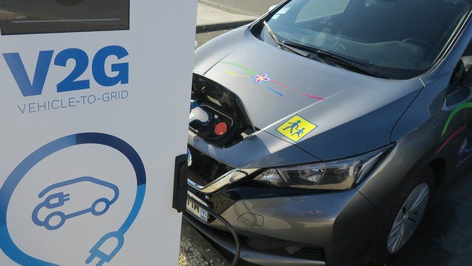 Bornes de charge électrique V2G et voiture en arrière-plan