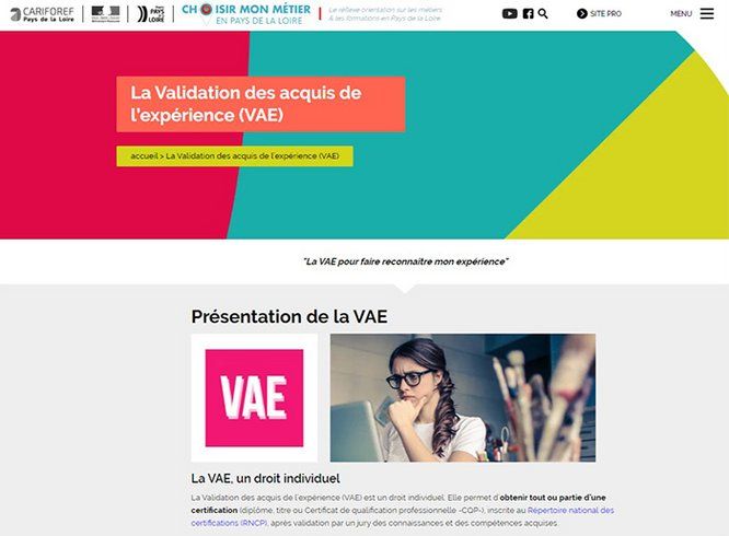 page d'accueil "la validation des acquis de l'expérience" sur le site choisir mon métier