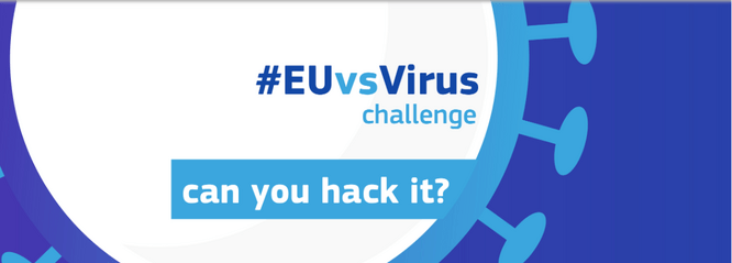 bannière de l'Hackathon Europe avec texte : "#EUvsVirus challenge, can you hack it ?"