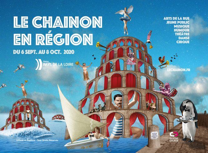 Visuel format paysage : Le Chainon en région du 6 sept. au 8 oct. 2020 (arts de la rue, jeune public, musique, humour, théâtre, danse, cirque) ; lechainon.fr ; logos : Région des Pays de la Loire, Reseau Chainon