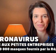 Portrait de Christelle Morançais. Texte : Coronavirus aide aux petites entreprises 1 200 000 masques fournis par la Région